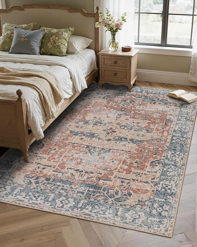 Rugxara 4x6 Area Rug for Living Room Bedroom Washable Rug, Coral Blue | Non Slip, Throw Rug for Entryway Dining Room Office Kids Room, Stain Resistant, Soft, Low Pile, Vintage Boho Retro Carpet
