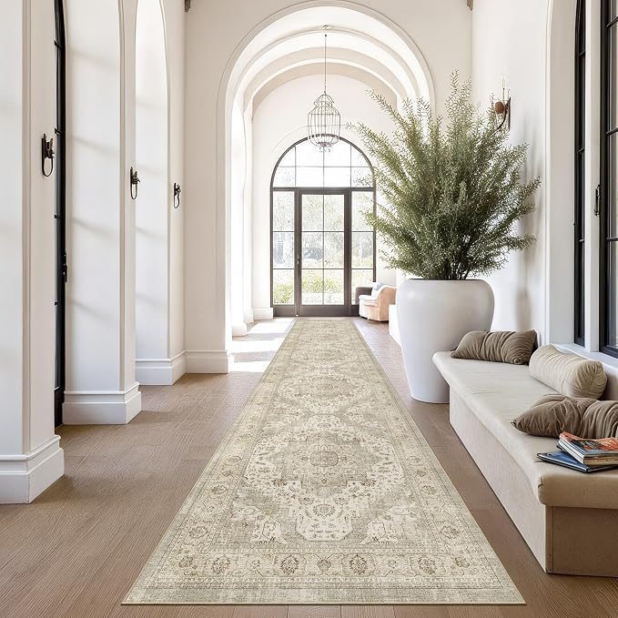Roxstand 2.6x12 Hallway Runner Rug, Washable Non Slip Rugs, Ivory/Beige | Low Pile Rug with Stain Resistant Surface, Vintage Long Runner Rugs for Entryway, Living Room, Bedroom, Kitchen, Laundry