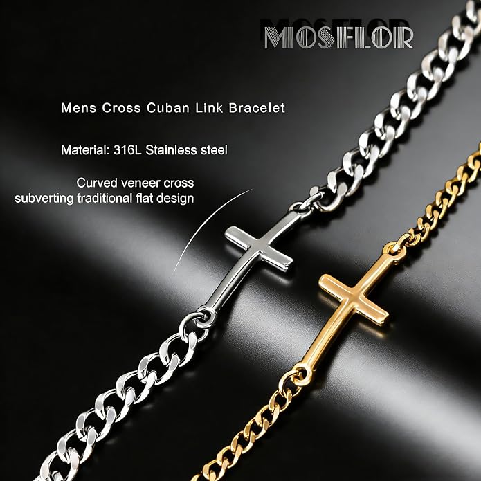 Cross Bracelet for Men, Silver/Gold/Black Mens Cross Bracelets Stack Stainless Steel Cuban Link Chain Bracelet Set Non Tarnish Adjustable Chunky Mens Jewelry Gifts for Men Dad Him Father's Day