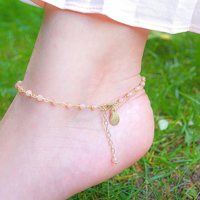 Dainty Gemstone Anklet for Women – 10 Inch Adjustable Anklet with 1 Inch Extender, Gold or Silver Plated Foot Jewelry, Minimalist Boho Style Gift