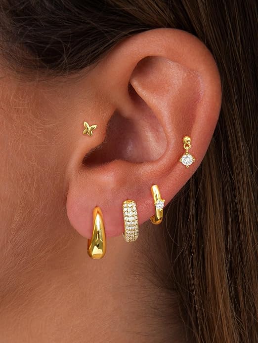 Small Chunky Stud Hoop Stacks Earrings for Women Hypoallergenic Silver Gold Flat Back Stud for Sensitive Ears Small 14K Gold Plated Huggie Cubic Zirconia Cartilage Earrings Set for Multiple Piercing Jewelry Gifts for Women 5 Pairs