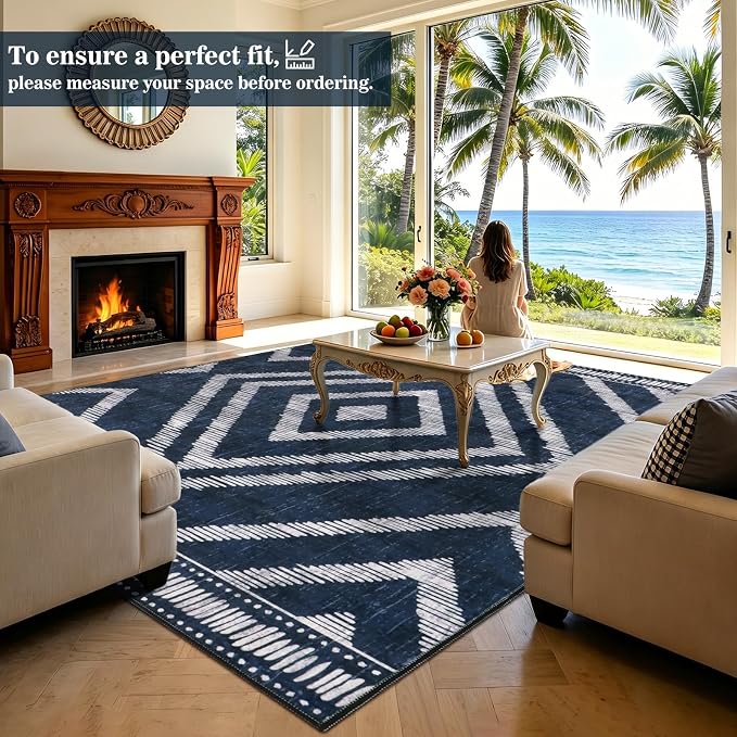 Boho Washable Rugs 6x9ft for Living Room, Navy Blue Low Pile Bedroom Area Rugs Non Slip, Moroccan Soft Kids Nusery Area Floor Carpets for Dining Room Playroom Kitchen Home Office Decor