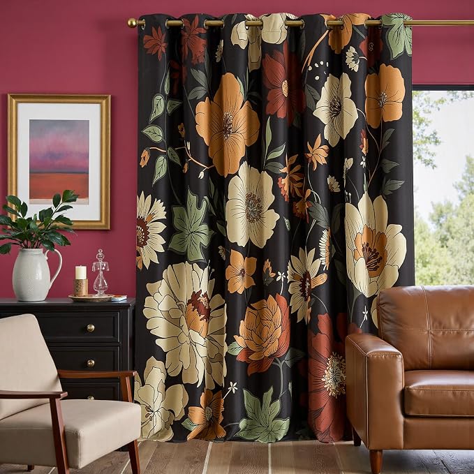 jinchan Black Boho Floral Blackout Curtains W100xL96 Grommet 1 Panel | Room darkening, Vintage, living room, bedroom, privacy, floral print, flower pattern, fall decor, window treatments