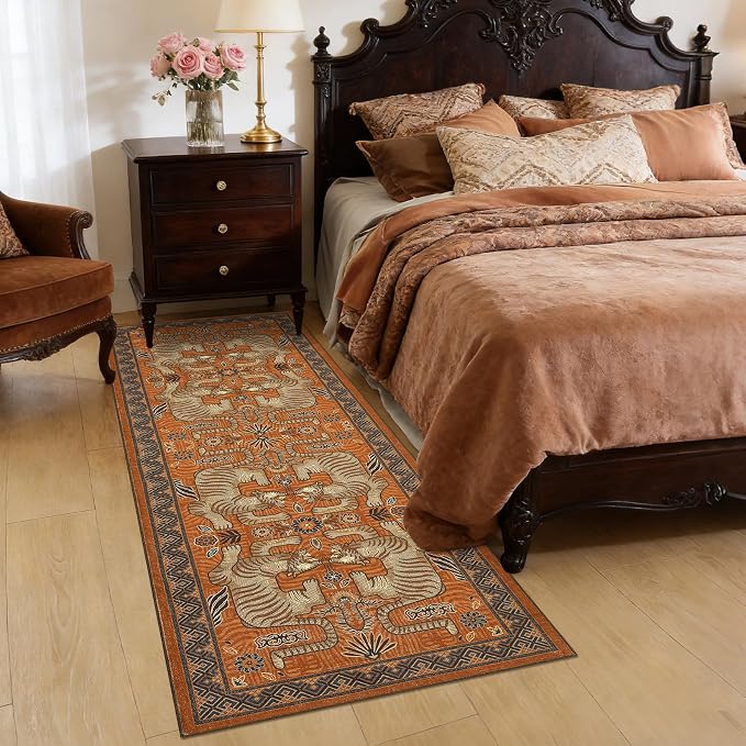 GarveeHome Tiger Print 2'6"x8' Washable Non Slip Runner Rugs for Hallways, Boho Terracotta Kitchen Runner Ultra Thin Soft Vintage Tribal Indoor Throw Floor Carpet for Entryway Bedroom Bathroom