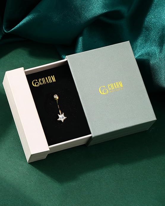 COCHARM 10K Gold Belly Button Rings, 10K Star Gold Belly Rings for Women, 10K Gold Belly Navel Piercing Jewelry