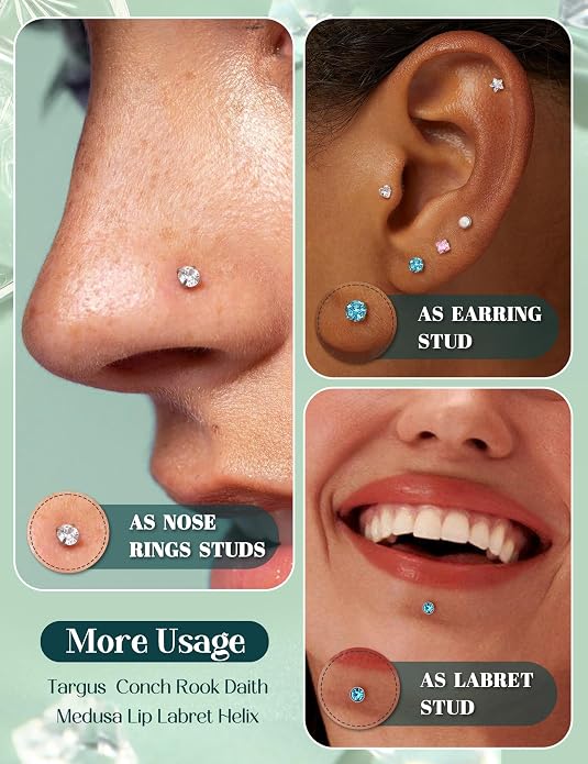 Nose Rings Studs Flat Back Earrings Hypoallergenic - Threadless Surgical Steel Nose Ring Studs Cartilage Earring Monroe Nostril Labret Medusa Tragus Conch Helix Piercing Jewelry for Women Men 28Pcs