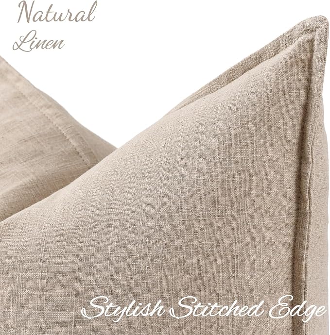 decorUhome Fall Natural Linen Throw Pillow Covers 26x26 Set of 2 | Decorative Soft Cozy Modern Farmhouse Boho Accent Pillow Cases with Flange Edges for Couch Bed Sofa Living Room Home Decor