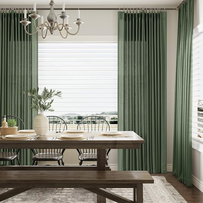 Olive Green Pinch Pleated Linen Curtains 90 Inch Long 2 Panels for Living Room with Pin Hooks Back Tab Linen Drape Boho Farmhouse Hunter Forest Green 90 Inch Length Bedroom Curtain for Large Window