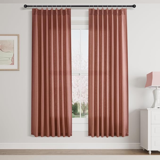 Aersas Canyon Rose Pinch Pleated Linen Curtains 63 Inch Length 2 Panels for Living Room Bedroom Semi Sheer Window Curtain Boho Neutral Back Tab Pinch Pleat Drape with Hooks 40x63