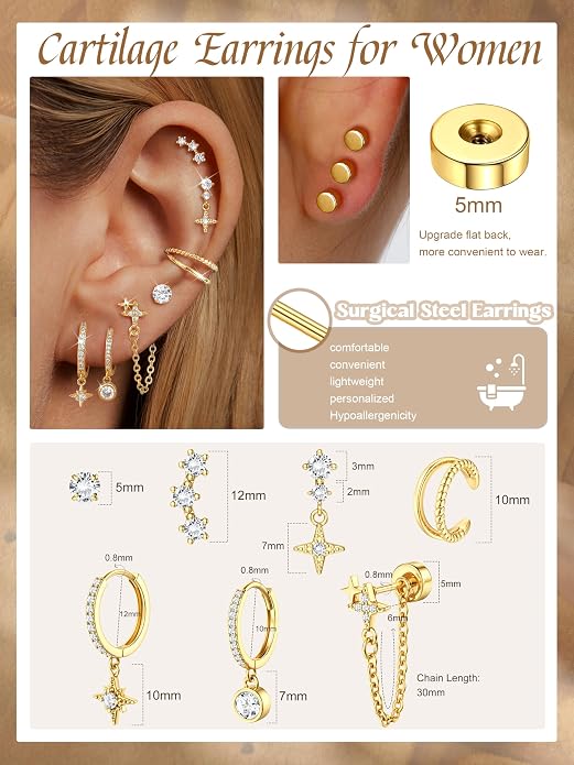 Dochais Flat Back Cartilage Earrings for Women Trendy Dainty CZ Flatback Studs Earing Sets 14k Gold Plated Hypoallergenic Huggie Hoops Earring Stacks for Multiple Piercing