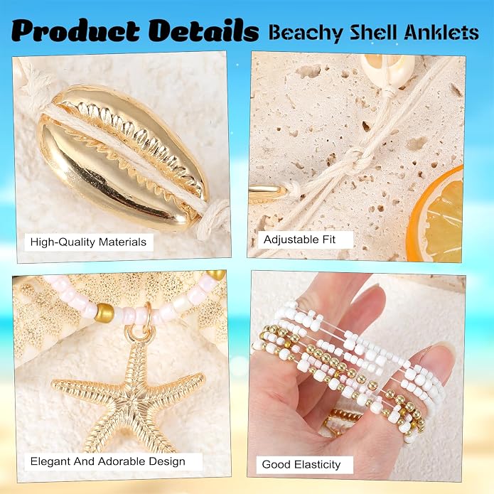 Ouligay 7PCS Boho Shell Ankle Bracelet Shell Beaded Ankle Bracelets for Women, Summer Beach Bracelets, Boho Adjustable Anklet Hawaiian Beach Seashell Starfish Foot Jewelry Gifts, Summer Accessories