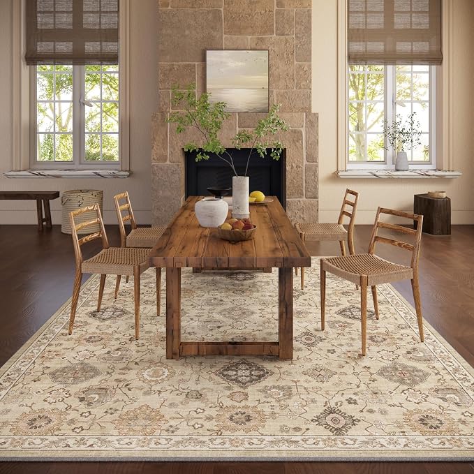 Machine Washable Rug for Living Room: 6x9 Area Rugs Boho Vintage Rug Stain Resistant Non Slip Low Pile Soft Lightweight Carpets for Bedroom Kitchen Dining Room Nursery Kids Room Farmhouse