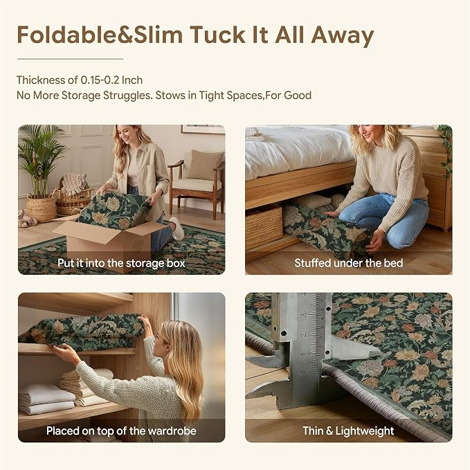 HUGEAR Retro 2x3 Area Rugs Washable Small Entryway Rugs Door Mat Vintage Floral Throw Carpet Dark Green Stain Resistant Non Slip Low Pile for Home Aesthetic Modern Decor