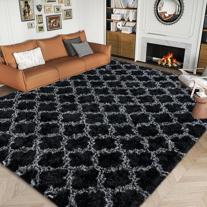 5x7 Area Rugs for Bedroom Living Room, Soft Modern Black and White Rugs | Soft Fluffy Plush Geometric Rug Upgrade Non-Slip Shaggy Fuzzy Carpet for Playroom Teen Dorm Home Office Decor