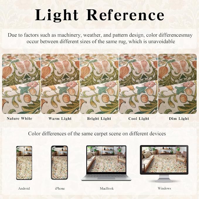 8x10 Washable Area Rug for Living Room, Large Vintage Beige Floral Rugs, Soft Non-Slip Stain Resistant Boho Lightweight Carpet for Girls Bedroom Dining Room Nursery Home Office