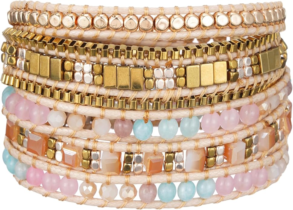 Plumiss Women Boho Handmade Natural Stone Crystal Leather Bead Wrap Bracelets Collection