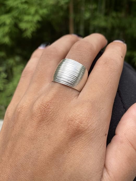 Sterling Silver Handmade Wide Convex Band Ring, Classic Semi-Shiny Finish Wrap Band, Adjustable to Sizes 6-11, Can fit Also as Thumb ring, Gift for Her