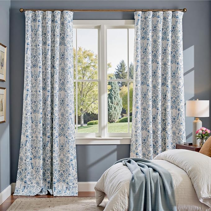 jinchan Blue Floral Blackout Curtains 96 Inch Farmhouse Back Tab 2 Panels | Blue on beige, room darkening, traditional vintage drapes, bedroom, living room, botanical, flower print, window treatment