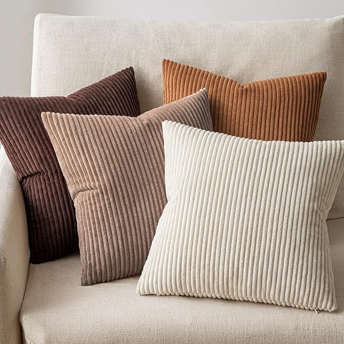 EMEMA Brown Decorative Throw Pillow Covers 24x24 Inch Set of 4 Boho Farmhouse Corduroy Striped Square Pillow Case,Western Modern Cushion Covers for Couch Bed Livingroom Home Decor