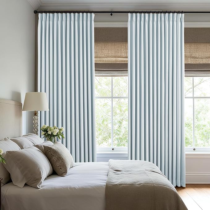 AUSSPVOCT Pinch Pleated Curtains 100% Blackout Linen Curtains 84 Inches Long for Bedroom Living Room, Blue Memory Trained Thermal Insulated Room Darkening Window Drapes with Hooks 2 Panels 40" Wx84 L