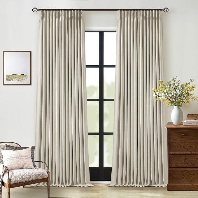 TWODRAPES Oatmeal Pinch Pleated Blackout Linen Curtains 108 Inches Long | Black Out Curtains Lined 2 Layers, Memory Shape Trained, Noise Reducing, Neutral Beige, for Living Dining Room Bedroom Window