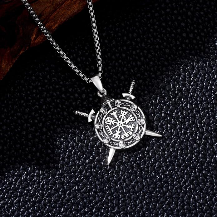PROESS Viking Axe/Sword/Skull Necklace S925 Sterling Silver Thors Hammer Necklace Amulet Dagger Pendant Norse Viking Rune Jewelry Gifts for Men Women