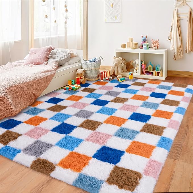 Pionblank Fluffy Area Rug for Bedroom 5x7, Modern Indoor Shag Carpet, Soft Plush Non Slip Checkered Rugs for Living Room Kids Room Home Decor, Rainbow