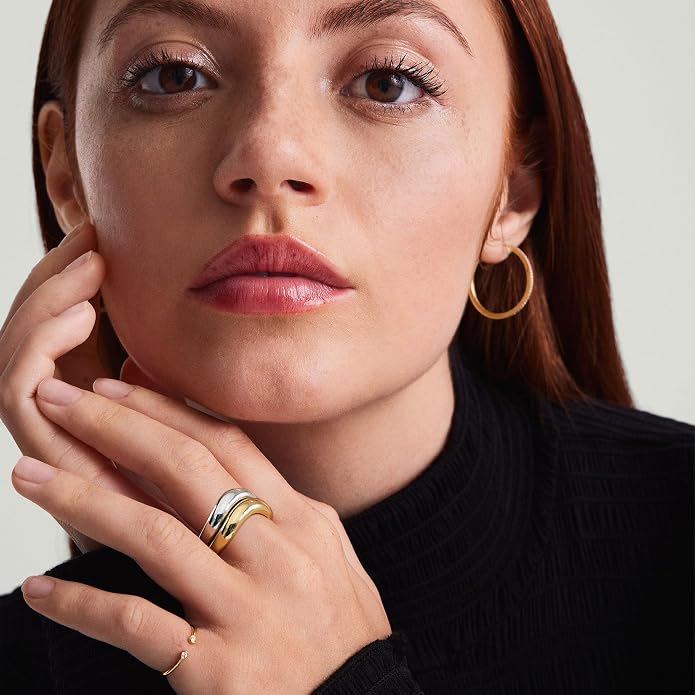 NOKMIT Chunky Wavy Dome Rings for Women, 14K Gold Filled Thick Curved Band | Statement Bold Wave Band | Stackable Thumb Ring | Hypoallergenic & Non-tarnish | Comfort Fit Size 6-10