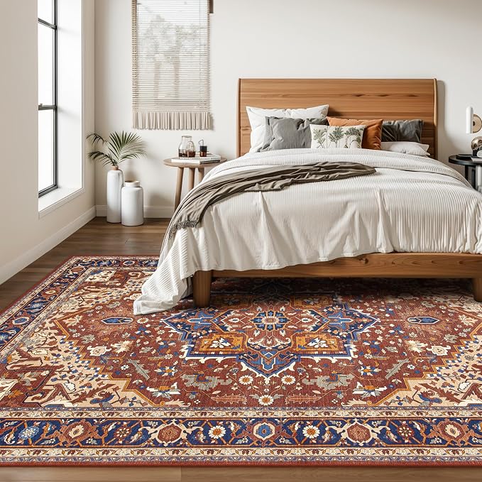 Moynesa Ultra-Thin Washable 8x10 Area Rugs for Living Room, Boho Oriental Rugs for Bedroom Non-Slip Non-Shedding, Large Vintage Carpet for Dining Room Home Office Decor, Brown/Multi