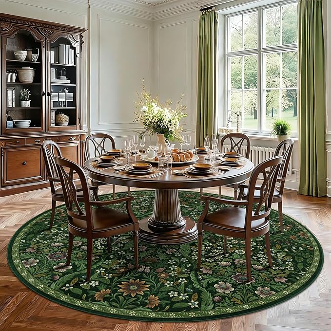 Round Rug 8ft Dark Green Washable Floral Circle Rug,Vintage Boho Botanical Round Area Rugs, Non-Slip Soft Low-Pile Circular Carpet for Bedroom,Kids Room,College Dorm,Home Decor