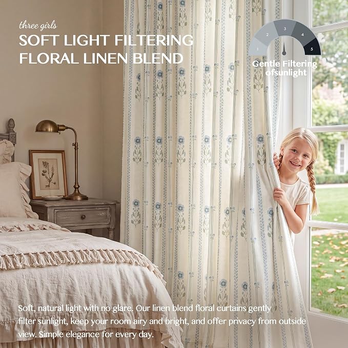 Pinch Pleated Curtains for Living Room Bedroom Dining Room - 90 Inches Light Filtering Floral Curtains Luxury Linen Drapes Farmhouse Window Curtains with Hooks - 2 Panels Set, 40" W x 90" L