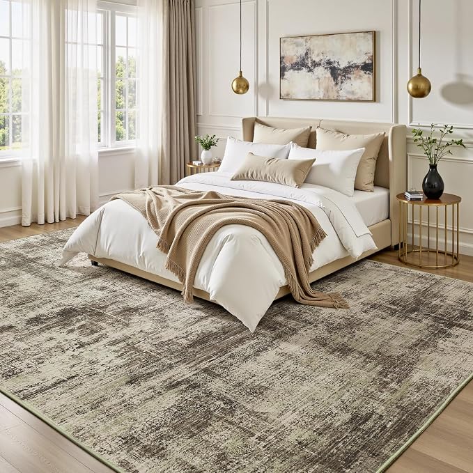 Lofus 9x12 Area Rug for Living Room, Brown Abstract Large Rugs with Non-Slip Backing, Neutral Modern Washable Carpet for Bedroom Dining Room Home Office Nursery Indoor