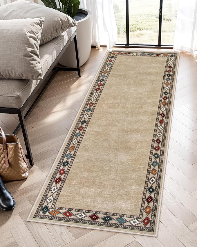 Lahome Modern Bordered Kitchen Runner Rugs Non Skid Washable, 2x6 Runners for Hallways Non Slip Ultra-Thin Hallway Rug, No Shedding Soft Carpet for Entryway Laundry Room Bedroom (2x6ft,Beige)