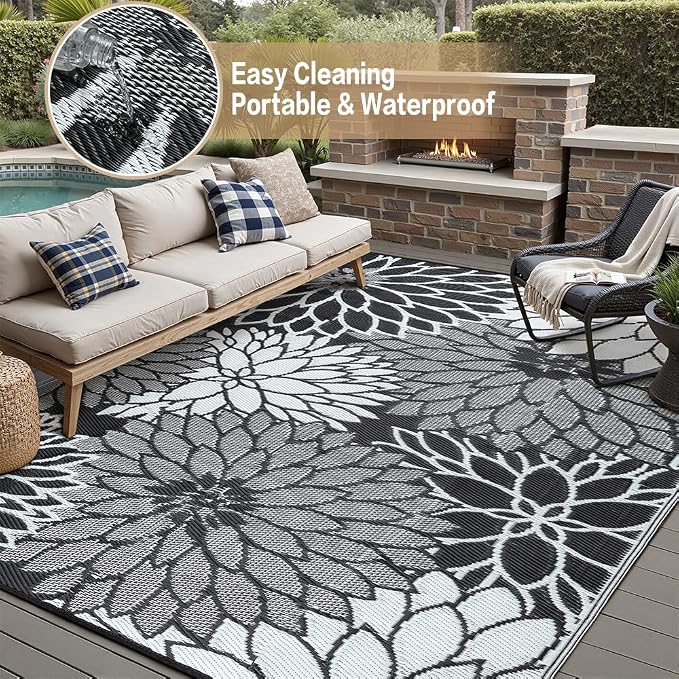 HUGEAR 6'x9' Outdoor Rug Waterproof Plastic Straw Rugs Black Reversible Floral Mat Floor Carpet for Camping RV Deck Entryance Porch Picnic Balcony Beach Backyard