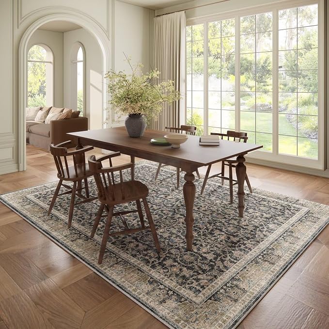 Boho Washable 6x9 Area Rugs for Living Room, Cushioned, Black/Navy Blue | Vintage Non-slip Neutral Oriental Rugs for Bedroom Dining Room Nursery Office High Traffic Area