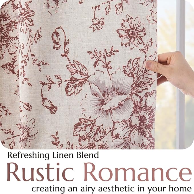 jinchan Red Floral Linen Blackout Curtains Lined 90 Inch Back Tab 2 Panels | Blackout lining, room darkening drapes, farmhouse, vintage, cottagecore, rustic, bedroom, living room, window treatment