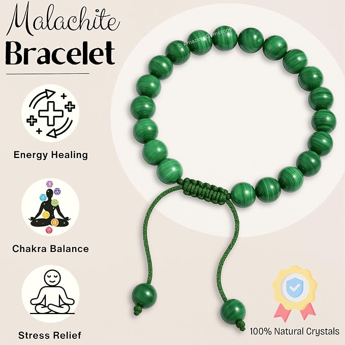 Amazing Gemstone Malachite Bracelet for Women Men's Gifts - Protection Healing Crystal Bracelet - 8mm Gemstones Beaded Adjustable Bracelet Pulseras para Hombres Mujer Stocking Stuffers