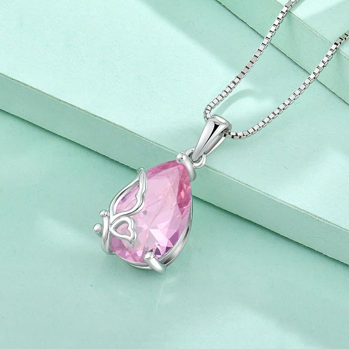 Teardrop Necklace 925 Sterling Silver Butterfly Pendant Necklace Birthstone Jewelry for Women