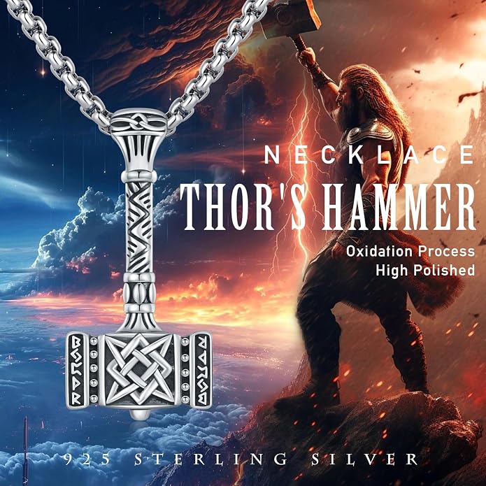 CUOKA MIRACLE Thor Hammer Necklace 925 Sterling Silver Norse Mjolnir Hammer Necklace Vintage Rune Amulet Viking Necklace Jewelry Viking Gift for Women Men