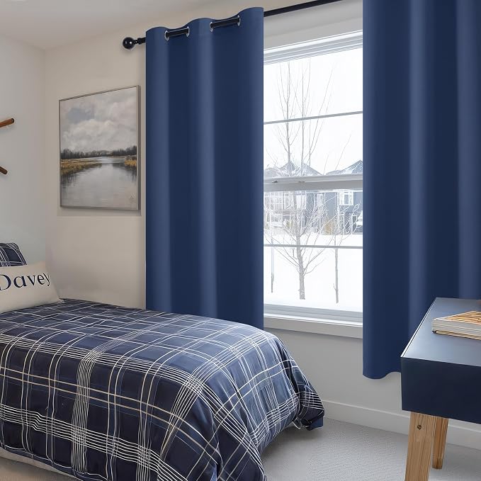 Hiasan Room Darkening Window Curtains for Bedroom, Thermal Insulated, Energy Saving Blackout Curtains, Set of 2 Panels, Sewn with Tiebacks, Grommet Top (Navy, Width 38 Inch x Length 63 Inch)