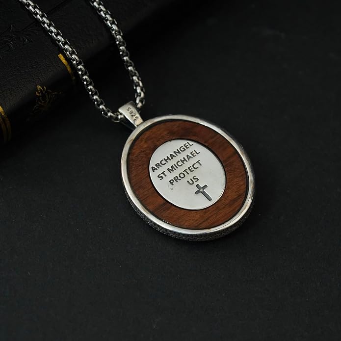 ONEFINITY Wooden Necklace Viking Wolf/St Benedict Medals/St Michael/Crucifix/St Christopher Pendant Necklace for Men Archangel Amulet Wooden Religious Jewelry Gifts for Men Women