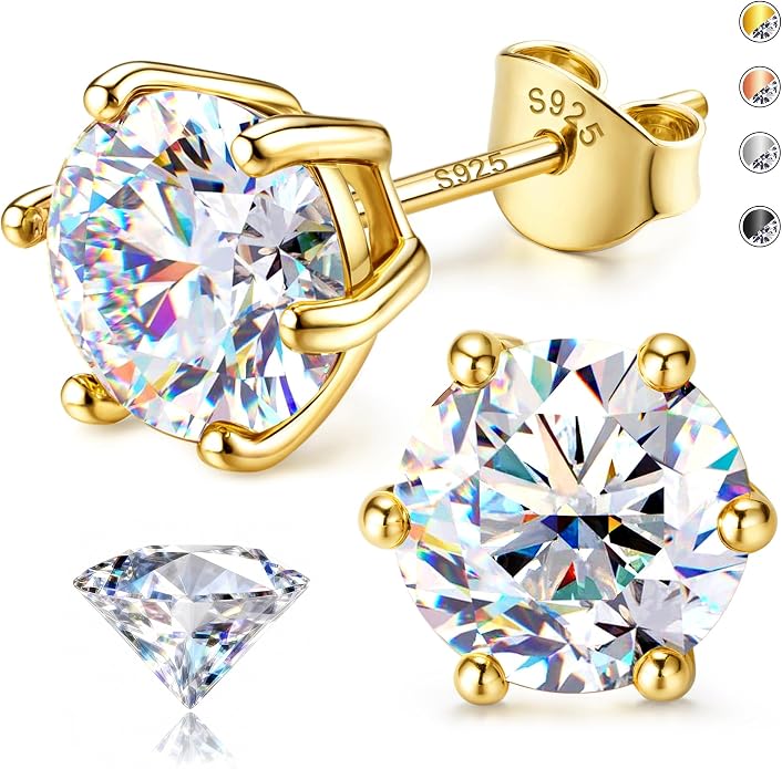 Moissanite Stud Earrings : 18K White Gold Plated Solid 925 Sterling Silver Earring Hypoallergenic Dainty Flat Back Stud Earrings Jewelry for Women Men D Color VVS1 Clarity