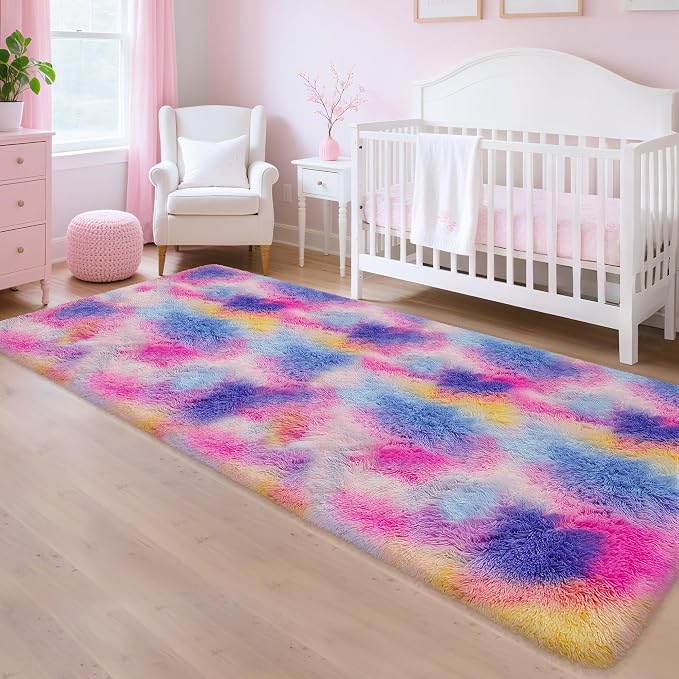 3x10 Hot Pink Runner Rainbow Rug for Girls Bedroom Bedside, Soft Fluffy Plush Runner Carpet Shag Kids Area Rug for Little Girls Room, Cute Colorful Princess Rug for Living Room Nursery Hallway