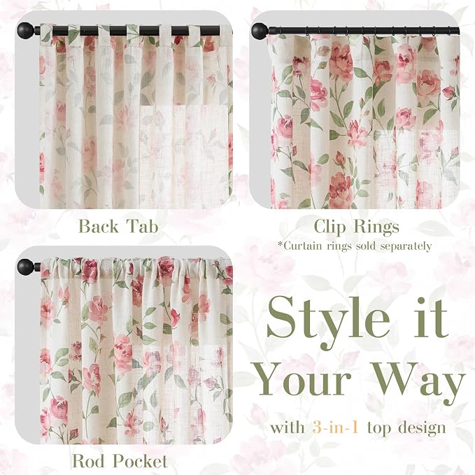 jinchan Pink Floral Linen Curtains 84 Inch Cottagecore Back Tab 2 Panels | Light filtering drapes, semi sheer, farmhouse, watercolor, romantic, living room, bedroom, rod pocket, window treatment