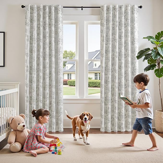 jinchan Grey Blackout Curtains 84 Inch Whimsical Back Tab 2 Panels | Room darkening,nursery kids bedroom,privacy,whimsical,cottagecore,bunny pattern,botanical,nature-inspired decor