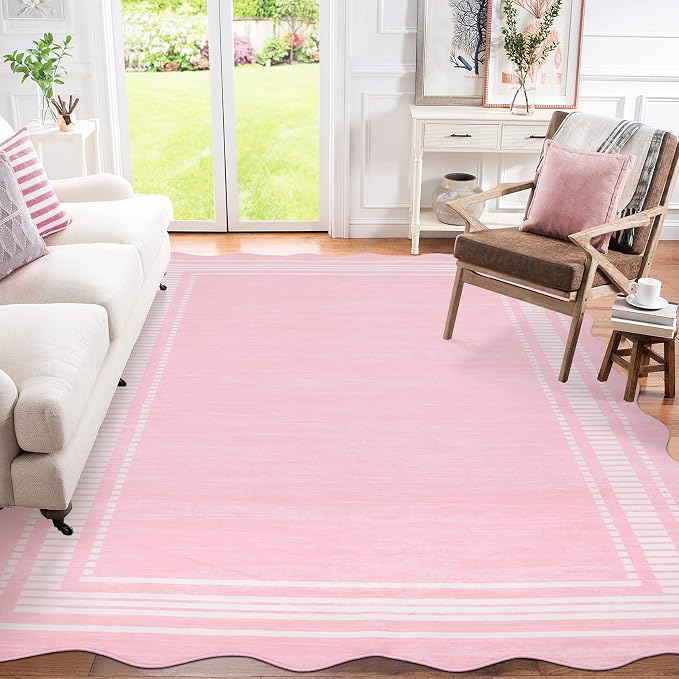 Garvee Washable Rug 8x10 Area Rugs for Living Room Bedroom, Non Slip Low Pile Solid Neutral Soft Carpet, Modern Scalloped Pattern, Faux Wool Floor Mats for Dining Room Home Office, Pink | Rugs for Living Room, Non-Slip Soft Carpet for Bedroom, Scallope...