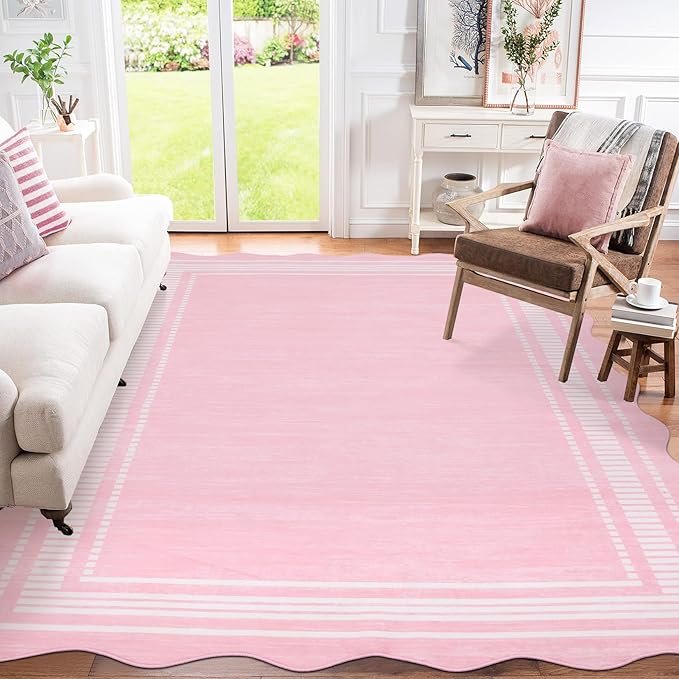 Garvee Washable Scalloped 5x7 Rug Living Room Rugs Non-Slip Washable Solid Neutral Carpet, Modern Scalloped Rug Indoor Faux Wool Floor Mats for Bedroom Playroom Dining Room Home Office, Pink | Rugs for Living Room, Non-Slip Soft Carpet for Bedroom, Sca...