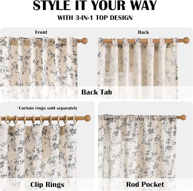 Lazzzy Floral Linen Curtains Farmhouse Extra Long Curtain for Living Room Bedroom Light Filtering Vintage Rod Pocket Back Tab Drapes for Home, 2 Panels, Black on Beige, W38 X L108