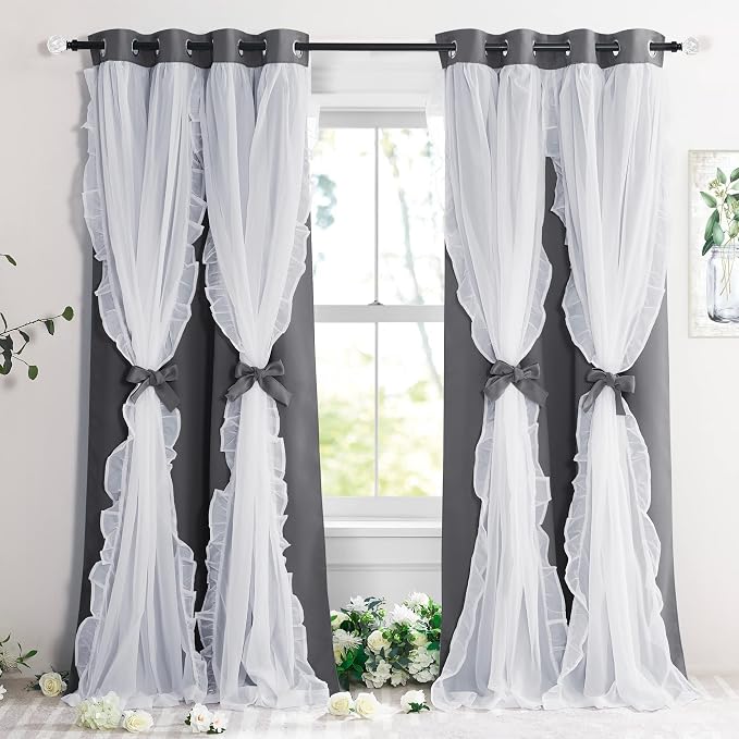 PONY DANCE Ruffle Sheer Overlay Blackout Curtains for French Country Bedroom, Window Treatment Double Layer Drapes, Farmhouse Rustic Design, W 52 x L 84 Inches, Grey, 2 Panels