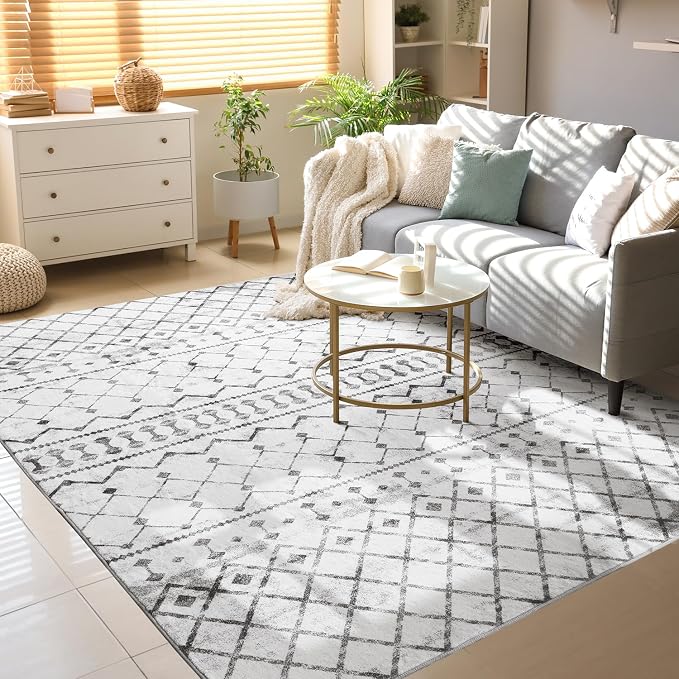 Lessymo Area Rugs 5x7, Washable Modern Area Rugs, Super Soft Faux-Wool Carpet for Living Room Bedroom Dining Room, Non-Slip Low Pile, Geometric Grey